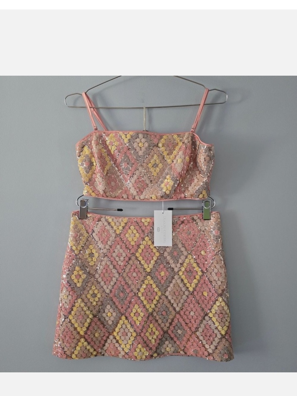 Caroline Constas Pink Sequin Diamond-Pattern Two-Piece Dress Set - Picture 2 of 3